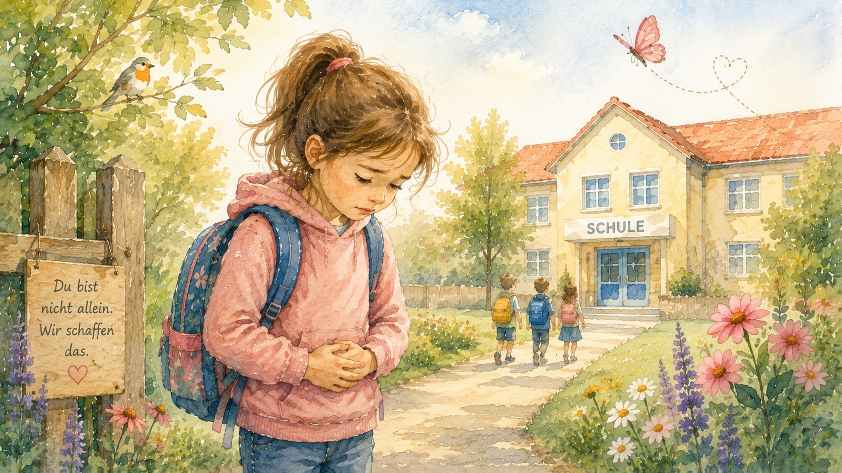 Aquarell eines Kindes mit Schultasche und Bauchschmerzen auf dem Weg zur Schule – Symbol für Stress, Unsicherheit und Hoffnung.