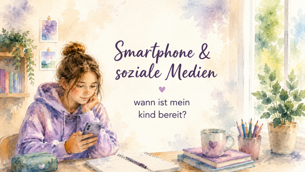 Aquarellillustration einer Jugendlichen mit Smartphone zum Ratgeber über den richtigen Zeitpunkt für Smartphone und soziale Medien.