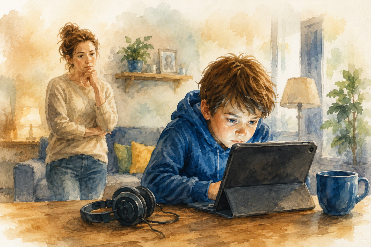 Aquarellbild eines Kindes vor einem Tablet mit besorgter Mutter im Hintergrund – Symbol für die Auswirkungen von Bildschirmzeit auf das kindliche Gehirn und das Belohnungssystem.