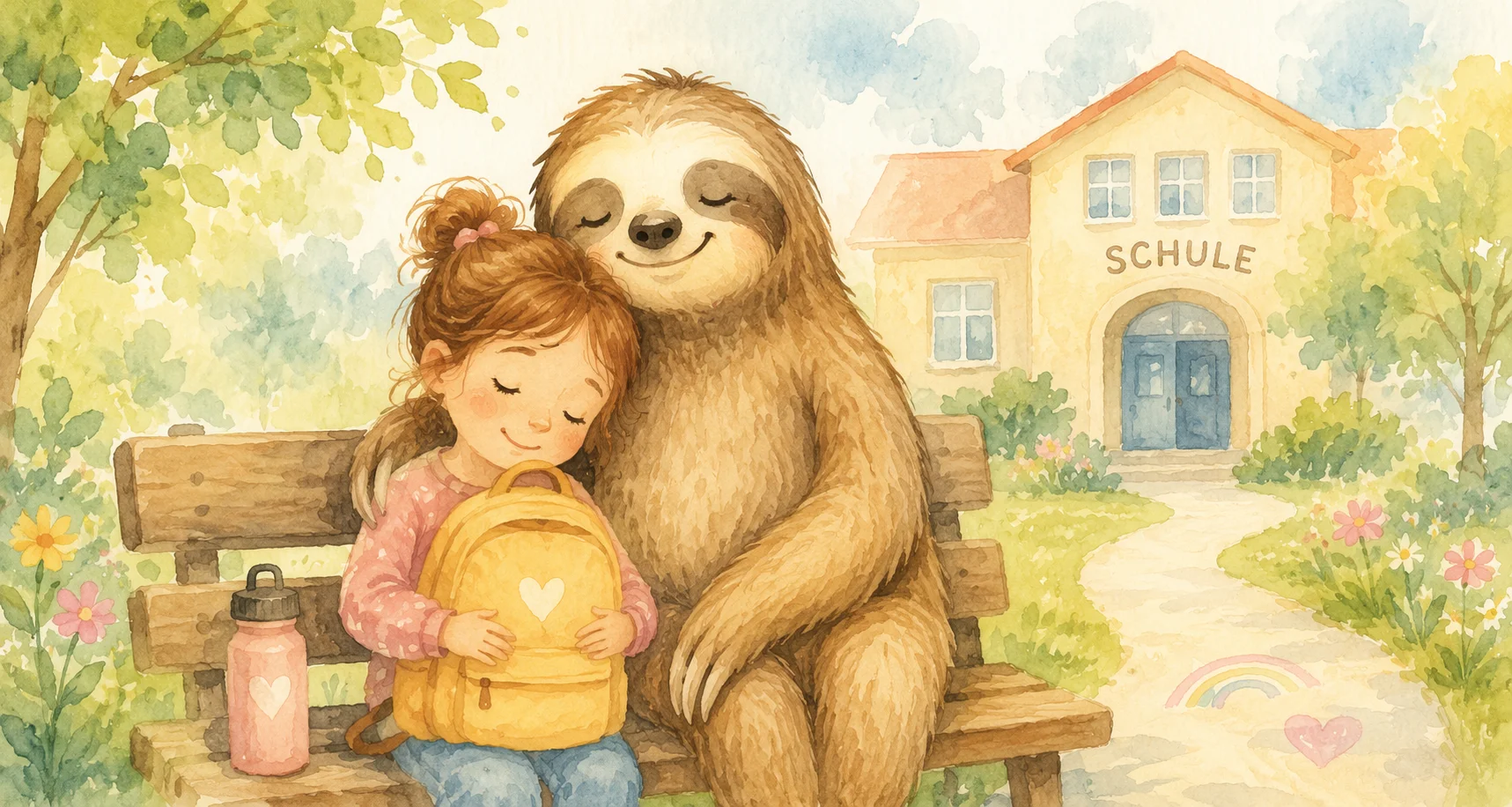 Aquarell eines Mädchens mit einem Faultier vor einer Schule – liebevolle Begleitung beim Schul- und Kindergartenstart in der Praxis von Kathrin Senn in Elsau bei Winterthur.